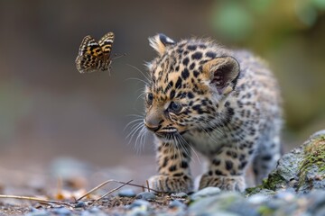 Fototapeta premium Amur Leopard Pup Playing with Butterfly
