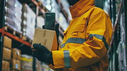 A young woman in glasses is holding cardboard boxes and using her phone to check the warehouse