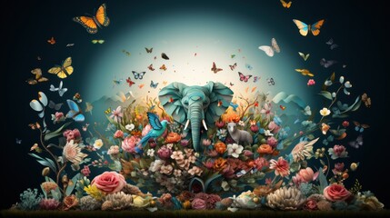 A digital art piece featuring an elephant surrounded by an array of flowers and butterflies, set against a mystical backdrop