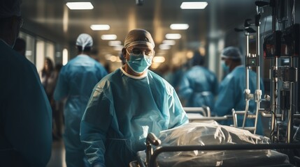 Healthcare professionals in scrubs moving purposefully through a busy hospital corridor with equipment