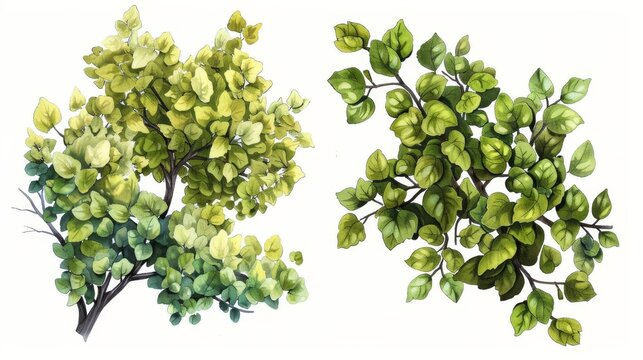corylus avellana and euonymus trees top view isolated on white digital botanical illustration