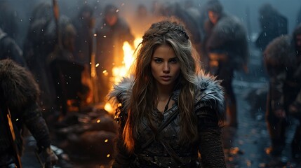 A woman in warrior attire stands confidently in a fantasy medieval setting with a blurred background of fire and warriors