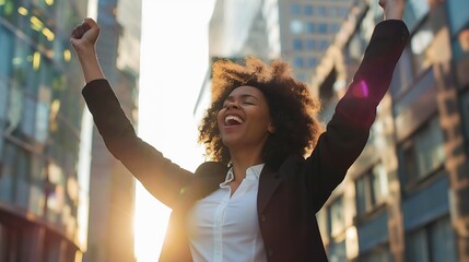 Happy excited confident professional young African American business woman office leader executive wearing suit celebrating financial goals standing in big city street feeling success  : Generative AI