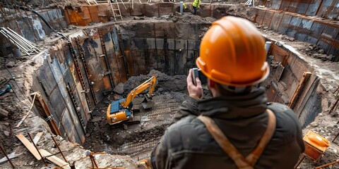 Naklejka premium Engineer in hardhat overseeing construction site with foreman supervising excavation construction project management in action. Concept Construction Management, Engineer, Hardhat, Supervision