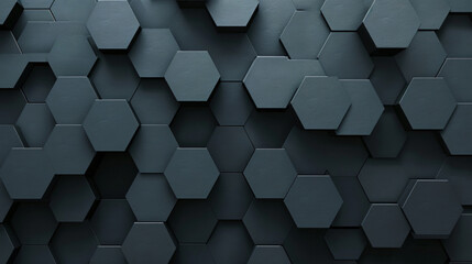 Abstract black geometric background with hexagon pattern, dark grey textured wallpaper for design and presentation
