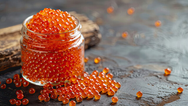 A jar of red caviar from which a few eggs spill out, highlighting its luxury and sophisticated appeal, suitable for a culinary or food theme. Copy space