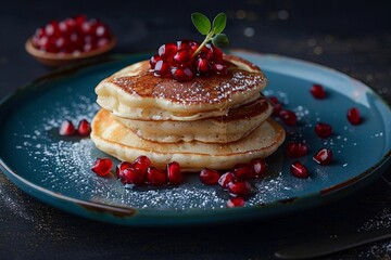 a stack of pancakes with pomegranate seeds on top