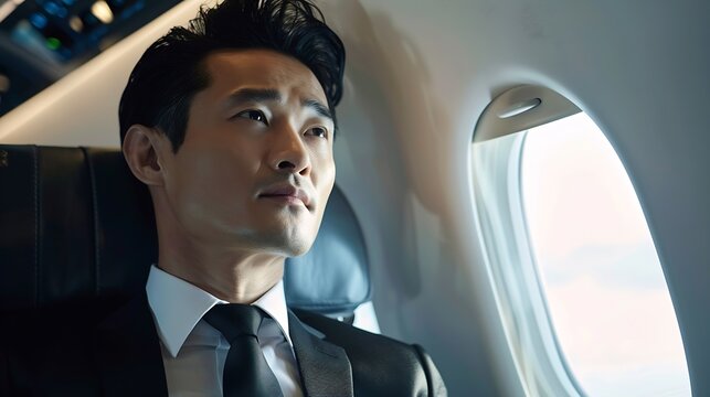Successful and handsome Asian businessman in formal business suit is on his private jet looking out the window taking a flight for his business trip : Generative AI
