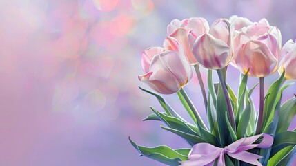 Obraz premium delicate spring tulips with pink bow on purple gradient floral background for mothers day