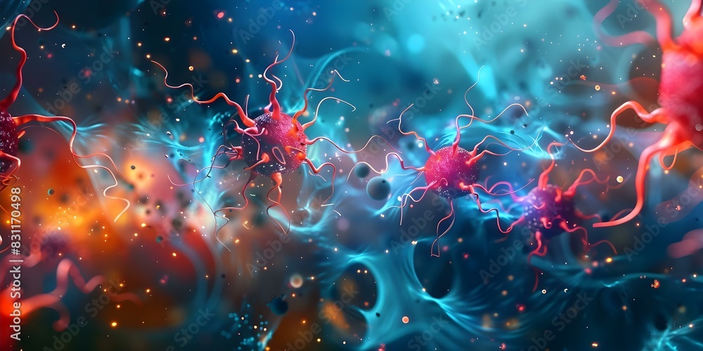 Poster 3d rendering of human cells exploring intricacies of microbes molecules virus bacteria outbreak in b