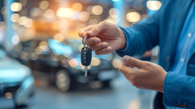 A car salesperson handing keys to a customer, selective focus, trust in automotive sales, dynamic, blend mode, dealership backdrop