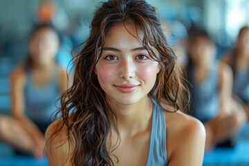 Obraz premium a bright smile of a Japanese woman focuses on her leg workout regimen at the gym, radiating positivity tourquoise tone.