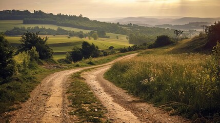 distant view of a dirt road winding through countryside landscape rural scene abstract photo