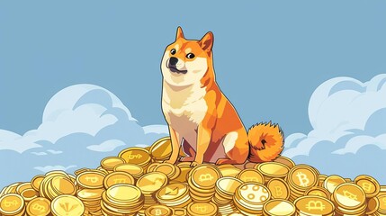 doge cryptocurrency meme dog sitting on pile of coins humorous financial concept illustration