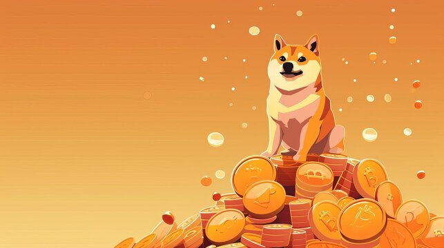 doge cryptocurrency meme dog sitting on pile of coins humorous financial concept illustration