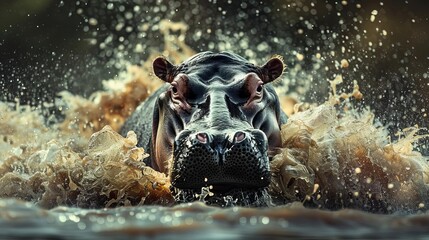 dramatic closeup of a hippopotamus emerging from water creating a powerful splash fine art photography