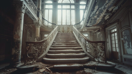 Eerie Abandoned Mansion with Grand Staircase - Liminal Image