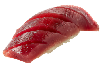 Close-up of a fresh raw tuna sashimi slice on white background, showcasing marbled texture and vibrant color. Perfect for Japanese cuisine themes.