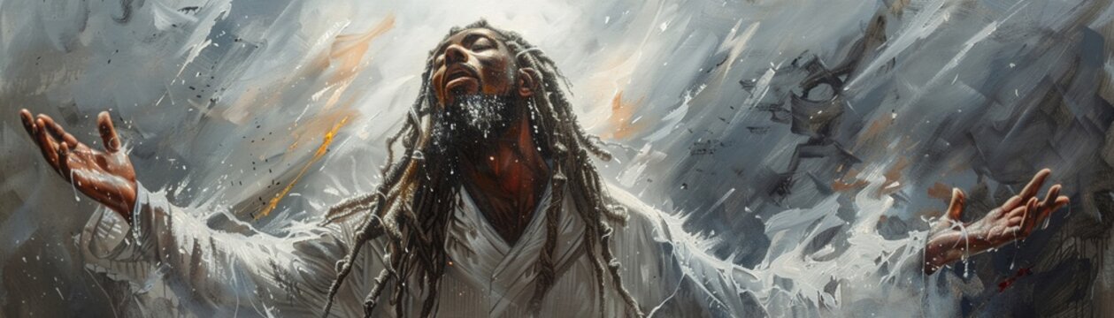 4k 300dpi oil painting of an African black Christ male with long shoulder length white silver woodly dreads hair and groom beard