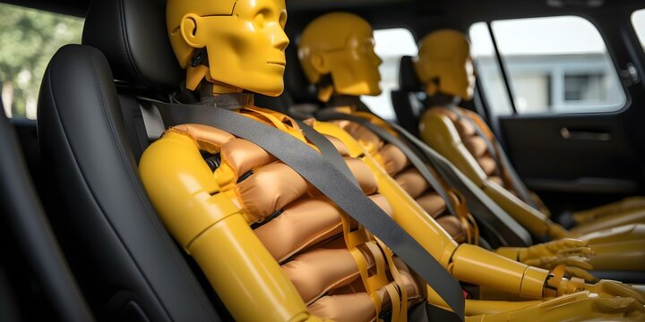 Yellow crash test dummy in safety simulation for research and development testing. Concept Safety Testing, Crash Dummies, Research & Development, Yellow, Simulation