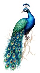 A stunning illustration of a majestic peacock with vibrant blue and green feathers, perched gracefully on a branch.