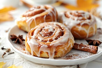 Three Cinnamon Rolls With White Icing On a Plate With Cinnamon Sticks On The Side, Closeup, Bakery Advertise Concept