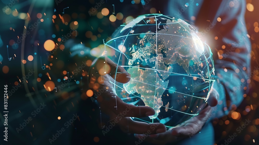 Aufkleber businessman holding global network connection big data analytics and business intelligence concept w
