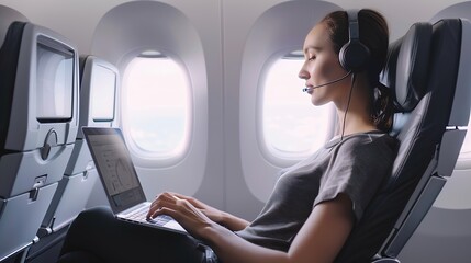 Fototapeta premium Attractive caucasian female passenger of airplane sitting in comfortable seat listening music in earphones while working at modern laptop computer with mock up area using wireless conn : Generative AI