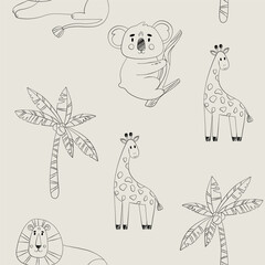 Cute seamless pattern with african animals. Giraffe, lion, koala.