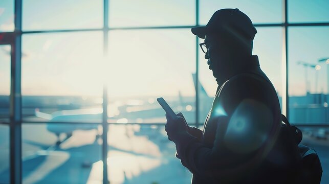 Black man with phone airport window and plane taking off checking flight schedule terminal for business trip Technology travel and businessman reading international travel restrictions : Generative AI