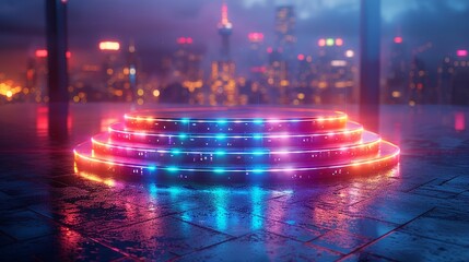 Fototapeta premium A futuristic, translucent podium with embedded LED strips, glowing in a spectrum of neon colors, set on a dark, reflective surface with a cityscape backdrop. Minimal and Simple style