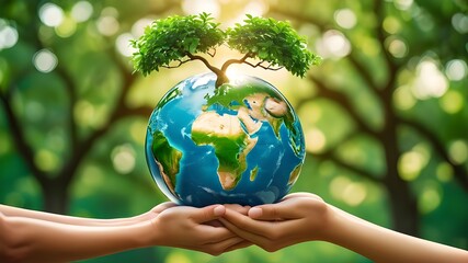Concept image for World Environment Day: Two human hands holding a globe of the earth and a heart-shaped tree against a blurry green background.