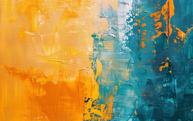 An abstract painting rich with textures and bold contrasts in orange and blue, suggesting themes of...