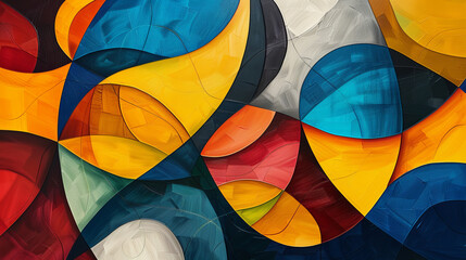 Modern abstract art with overlapping shapes in vibrant summer colors, creating a dynamic and energetic composition