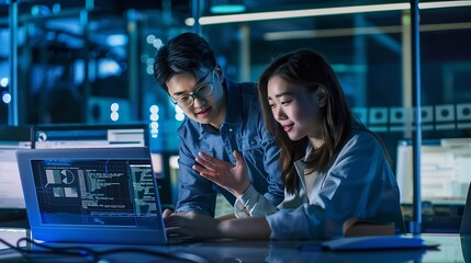 Portrait of Two Happy Female and Male Engineers Using Laptop Computer to Analyze and Discuss How to Proceed with the Artificial Intelligence Software Casually Chatting in High Tech Res : Generative AI