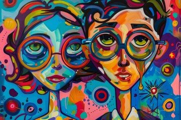 Colorful artwork of a stylized couple, painted with bold, abstract patterns and shapes