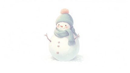 Cute pastel illustration of a snowman with a beanie and scarf. Perfect for winter and holiday-themed graphics and decorations.