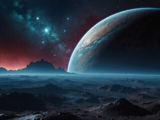 Alien world vista, Scenic view of another planet amidst a backdrop of stars and nebulae, offering a science fiction cosmic atmosphere.