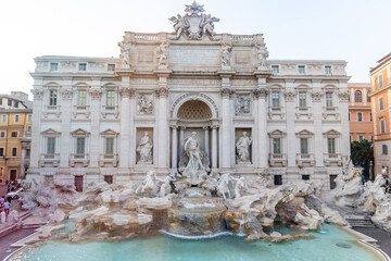 Rome, Italy - April 11, 2024: View of the details of the sculptures of the Trevi Fountain in Rome,...