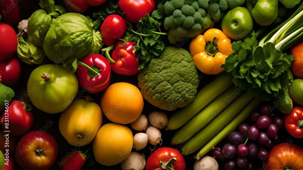 Poster assorted fruits and vegetables display generative ai