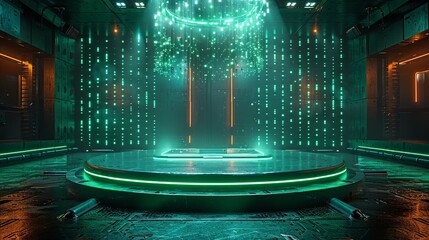 A minimalist, circular podium with a smooth, glossy surface, bathed in dynamic green and blue LED lights, positioned in a sleek, cyberpunk-themed environment. Minimal and Simple style