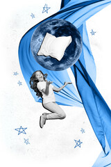 Composite trend artwork photo collage of night time sky moon light black white silhouette young preteen schoolgirl jump hand hold pillow