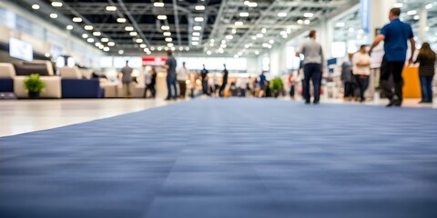 Blurry blue carpet at convention center with people walking in background. Concept Convention Center, Blurry Background, People Walking, Blue Carpet