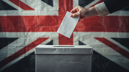 A person entering a vote into a ballot box Great britain union jack flag. United Kingdom elections