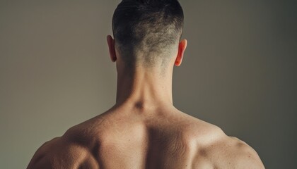The back of a muscular man with his head turned to the side, showing off his haircut and trapezius muscles.