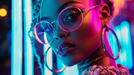 fashionista in vibrant neon lighting trendy street style portrait urban night photography
