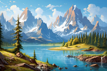 Illustration of a summer mountain landscape with a river and green forest