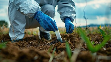 A man in a protective suit takes soil samples. Selective focus.