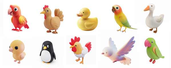 set of 3d icon with different birds in 3d style