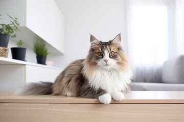 Portrait of a smiling norwegian forest cat in front of modern minimalist interior